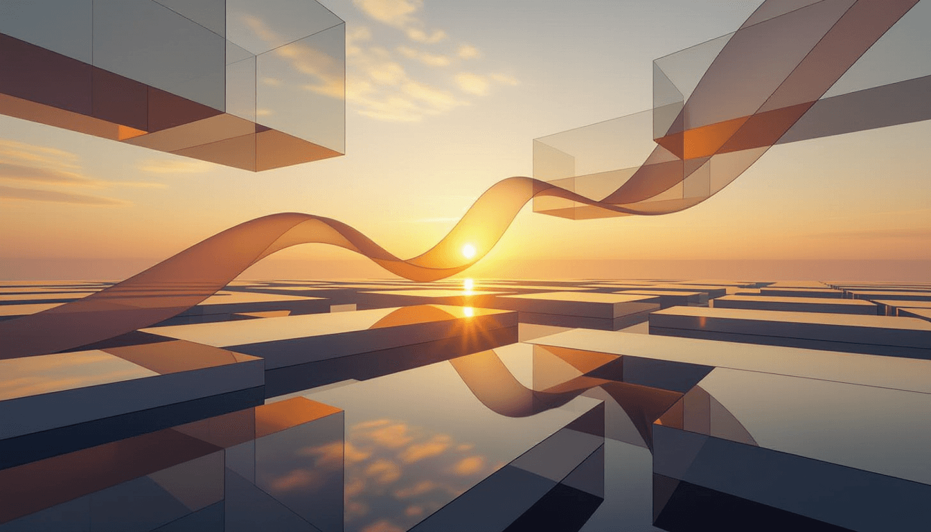 Golden hour light pierces layered translucent geometric planes, casting sharp shadows on floating te
