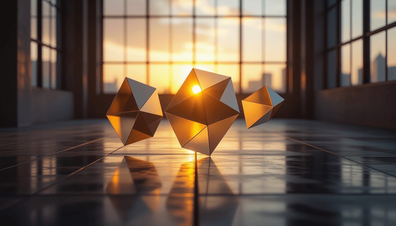 Translucent geometric planes float above a dark, wet concrete floor, reflecting the warm glow of gol