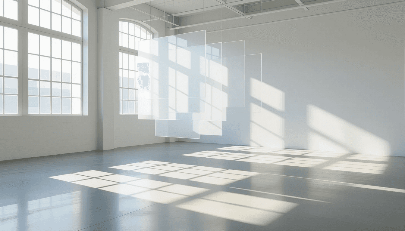 Sunlight filters through layered translucent acrylic planes suspended in a high-ceilinged studio, cr