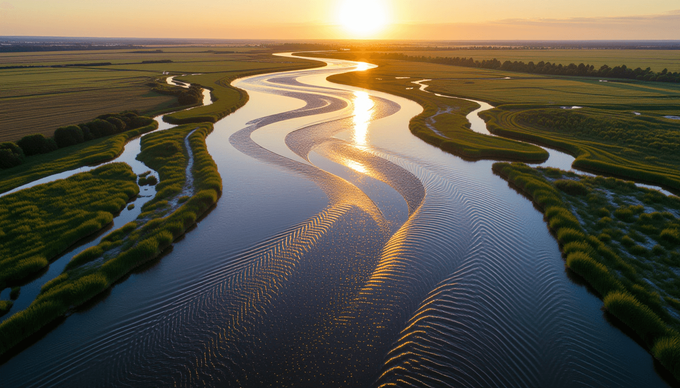 Aerial drone shot of a braided river delta at golden hour, where multiple silty streams converge int