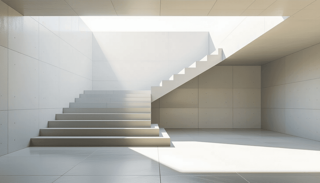 Overcast diffused light illuminates a minimalist concrete staircase ascending through a geometric pa