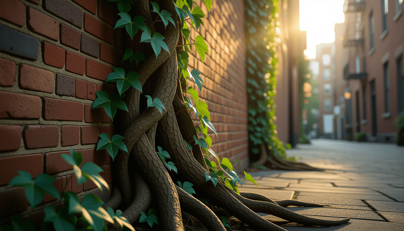 Sunlight filters through a dense urban canopy, illuminating thick, twisting ivy roots clinging to we