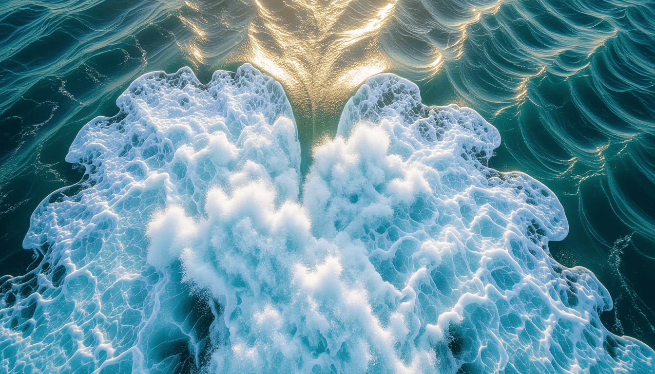 Sunlight catches the turbulent, foaming white water where two distinct river currents collide and ch