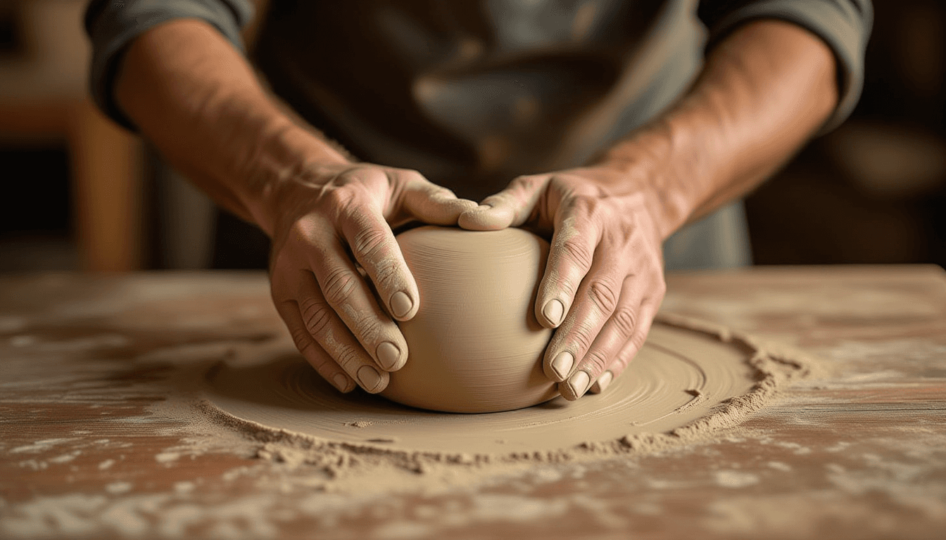 Golden hour light catches calloused hands kneading smooth, dense clay into a precise geometric form