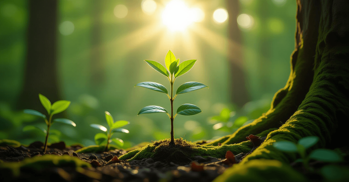 Sunlight filters through a dense forest canopy, illuminating a young sapling’s vibrant green leaves