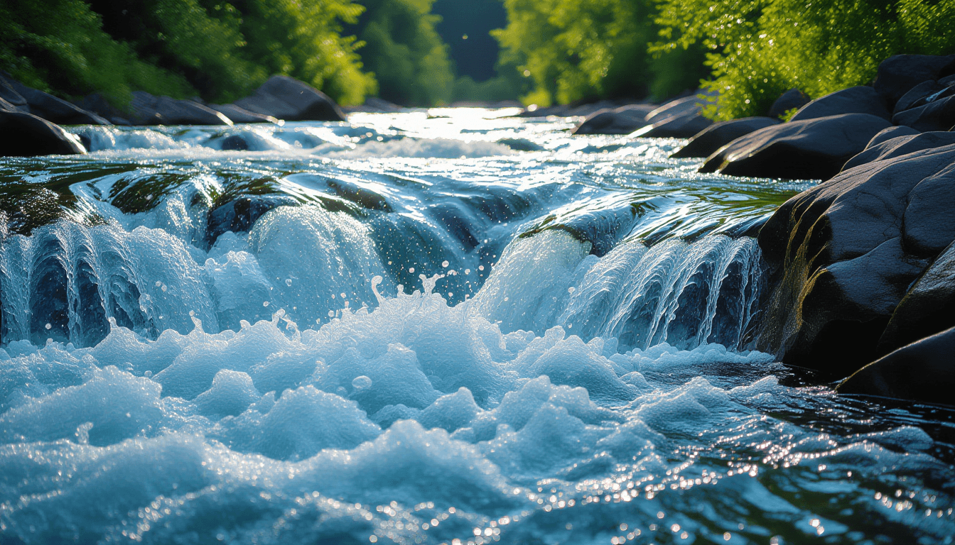 Sunlight glints off turbulent river rapids as white water crashes over submerged rocks, captured wit