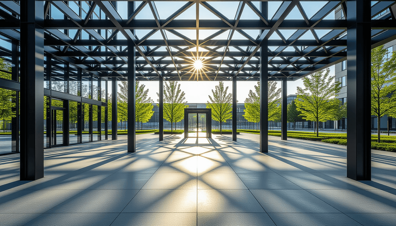 Sunlight streams through the geometric lattice of a modern steel pavilion, casting sharp, orderly sh