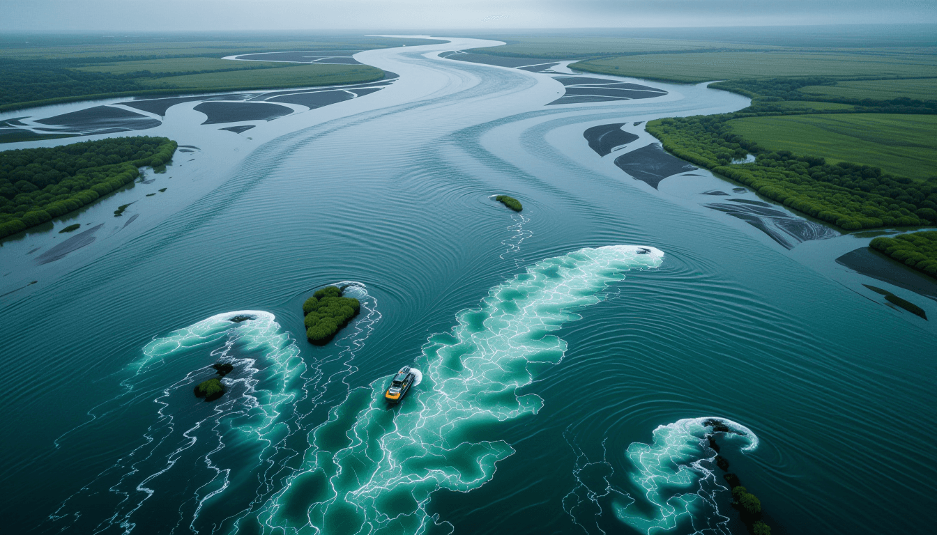 Aerial drone shot of a turbulent river delta where a powerful main current splits into numerous smal