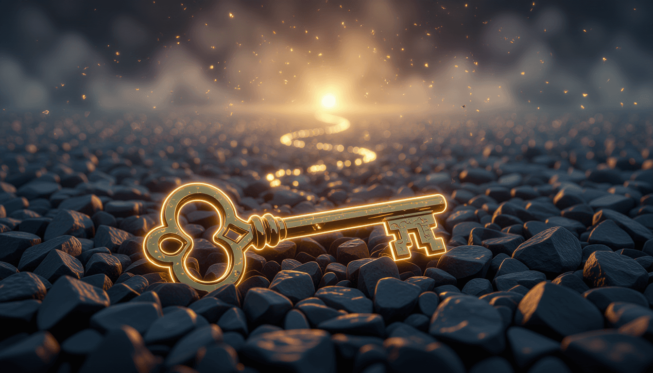 A glowing golden key dissolves into a mist of scattered, unrecognizable black stones, filtering out