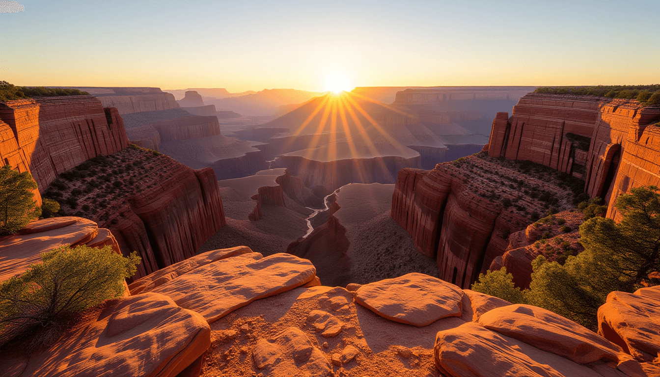 Golden hour light spills across a rugged canyon rim, illuminating a winding dirt path that cuts thro