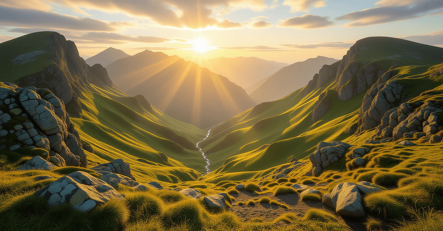 Sunlight spills over jagged peaks and deep green valleys, casting long shadows across mossy stone. G