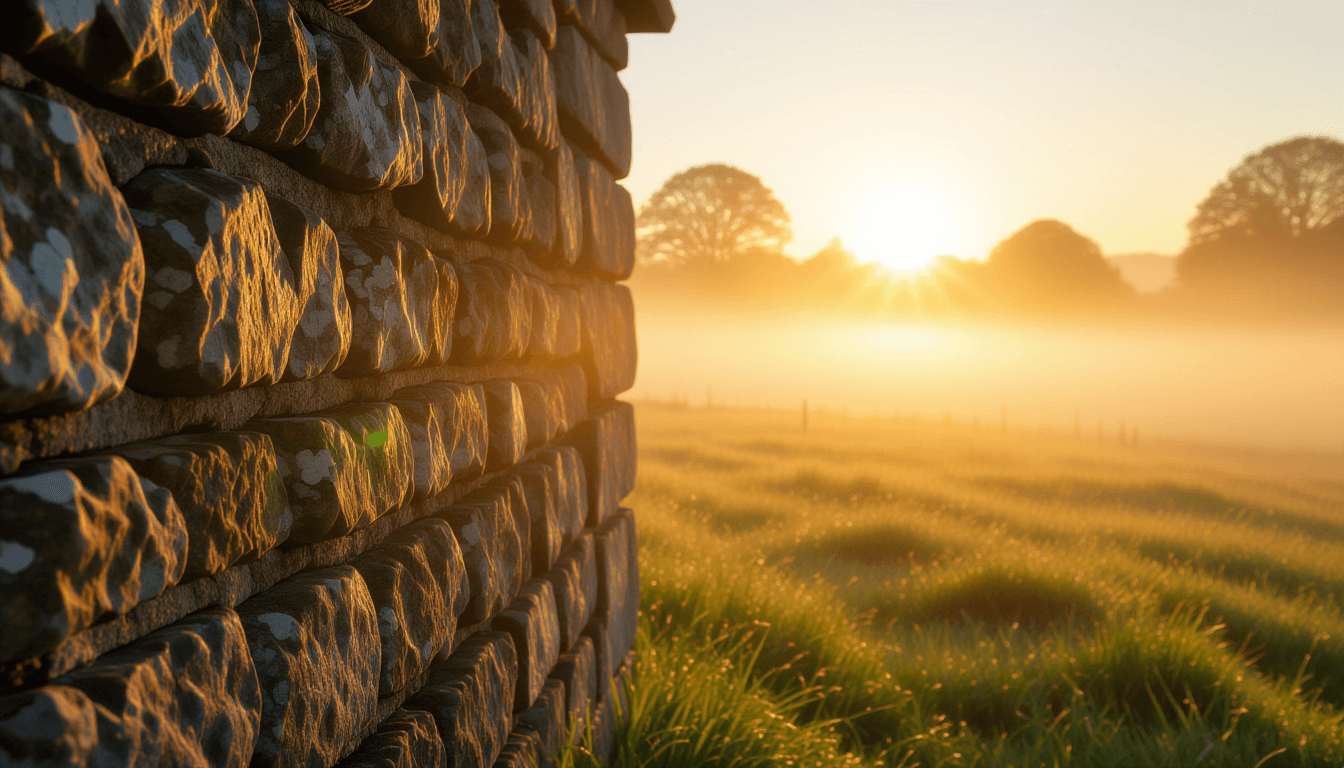 Golden hour sun cuts through thick morning fog, illuminating a sudden, bright beam striking a weathe