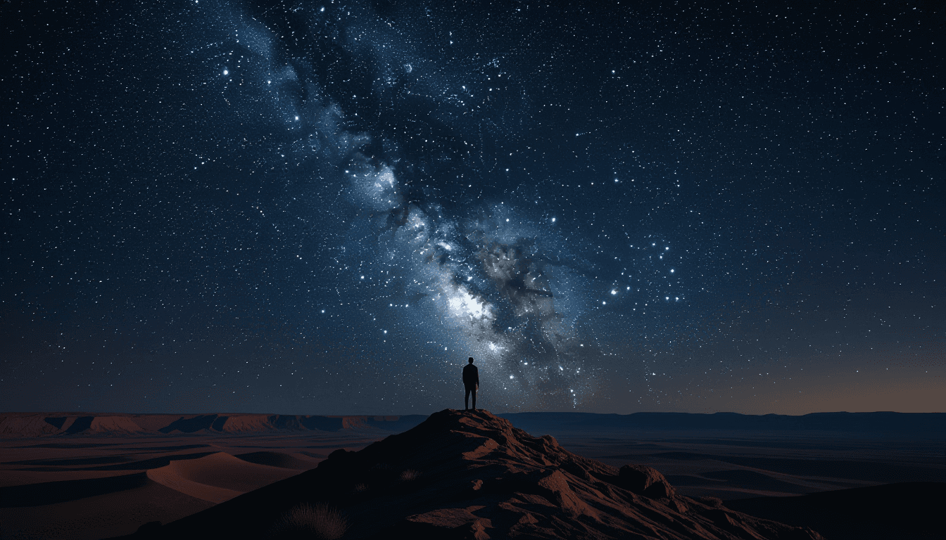 A solitary figure stands on a jagged desert ridge under a pitch-black sky, dwarfed by the Milky Way’
