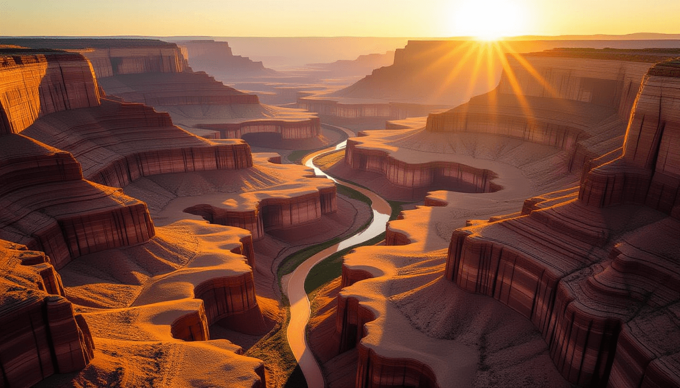 Aerial drone shot at golden hour captures a vast, rugged canyon system, where winding riverbeds carv