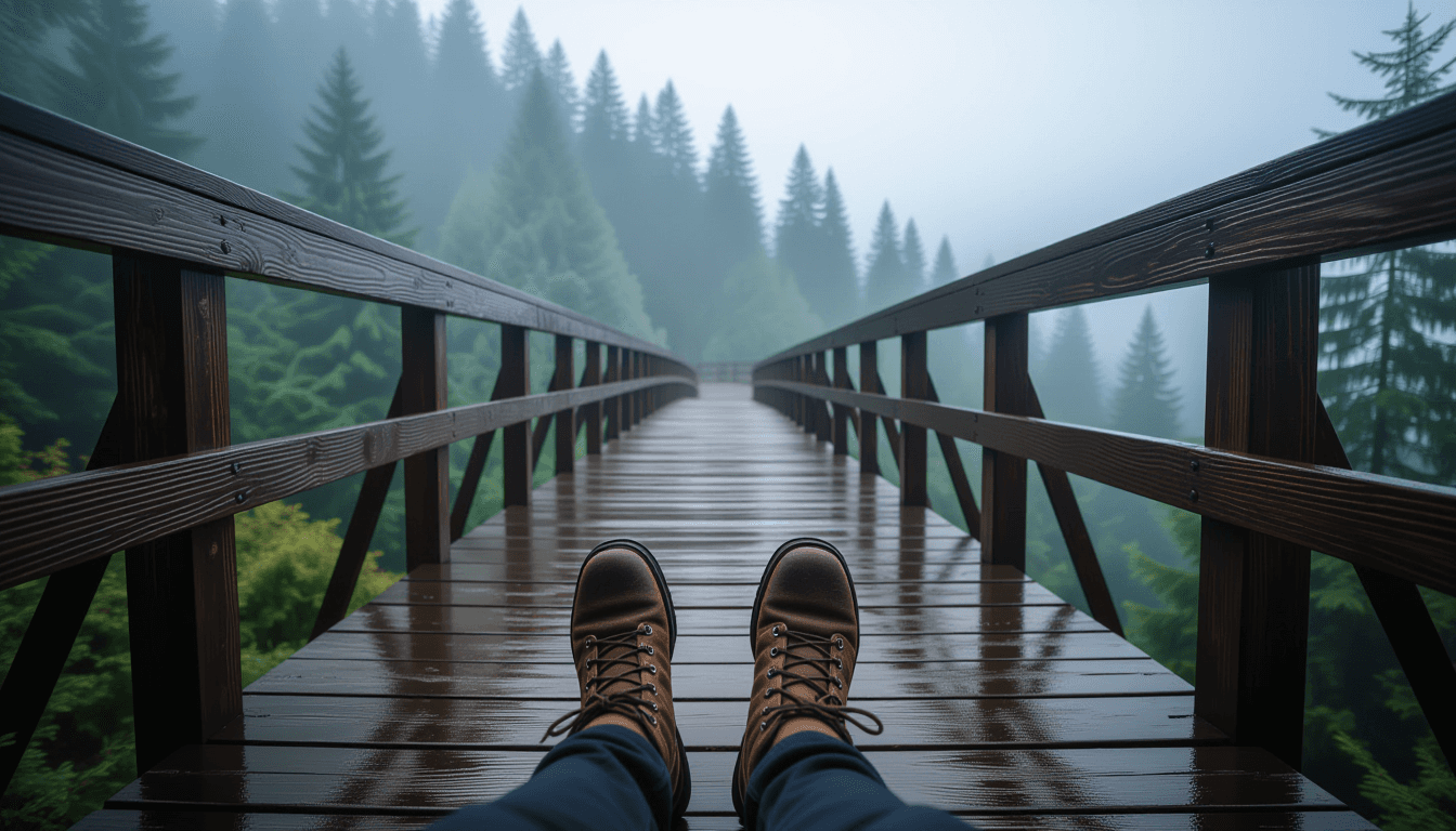 A lone hiker’s boots step onto a weathered wooden bridge spanning a misty forest gorge, captured in