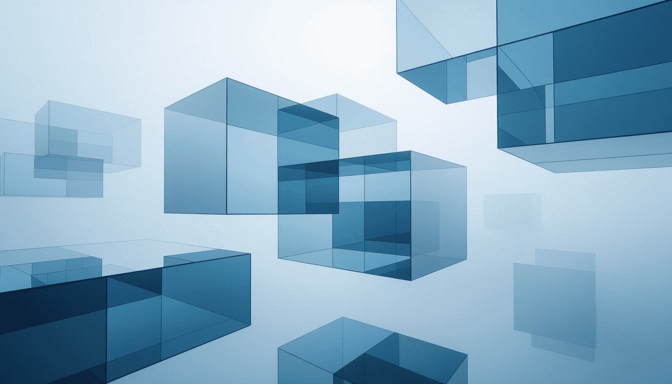 Translucent geometric planes float in a misty, overcast void, their edges catching cool blue light