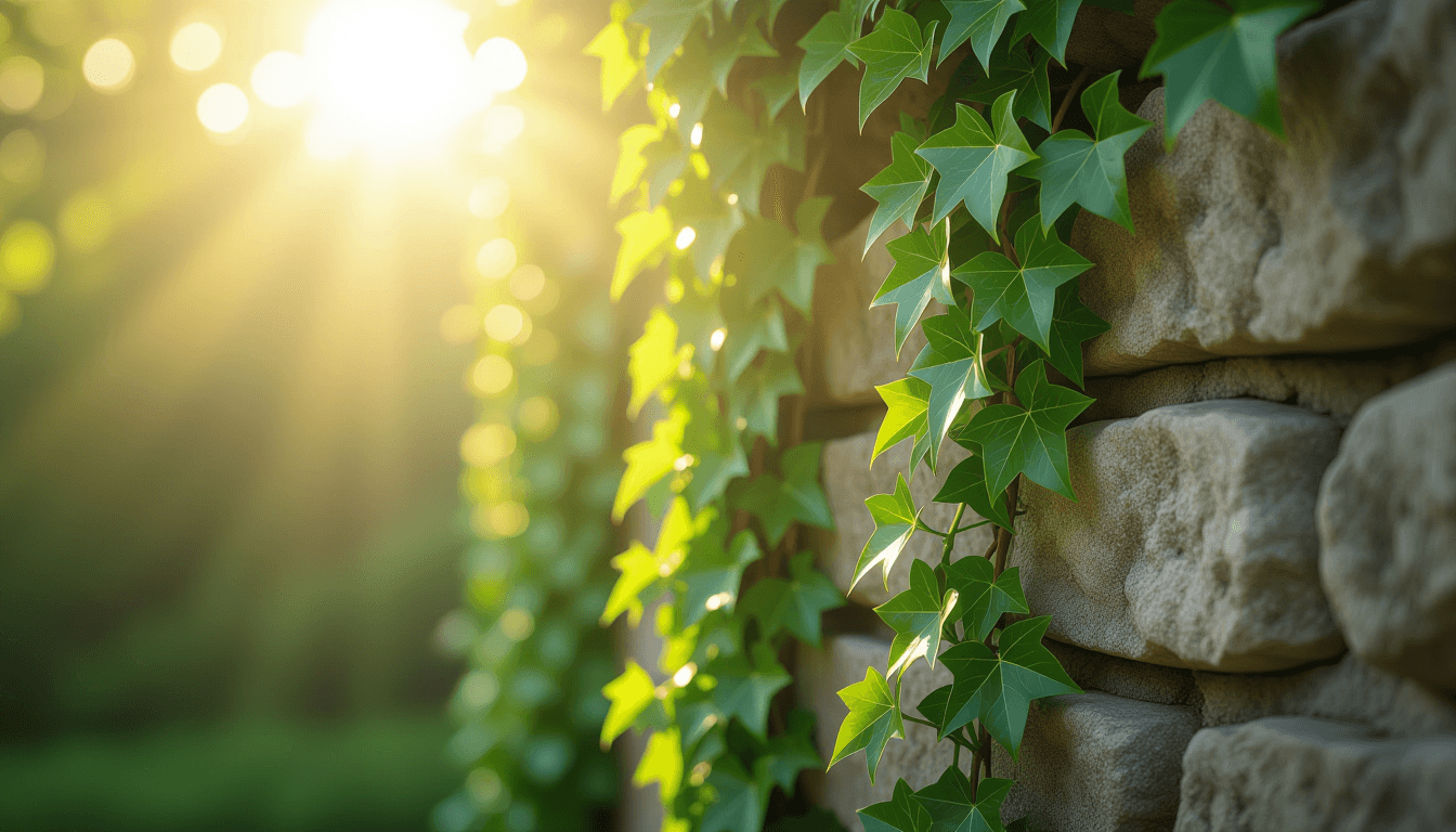 Sunlight filters through a dense canopy of ivy wrapping around a weathered stone wall, highlighting