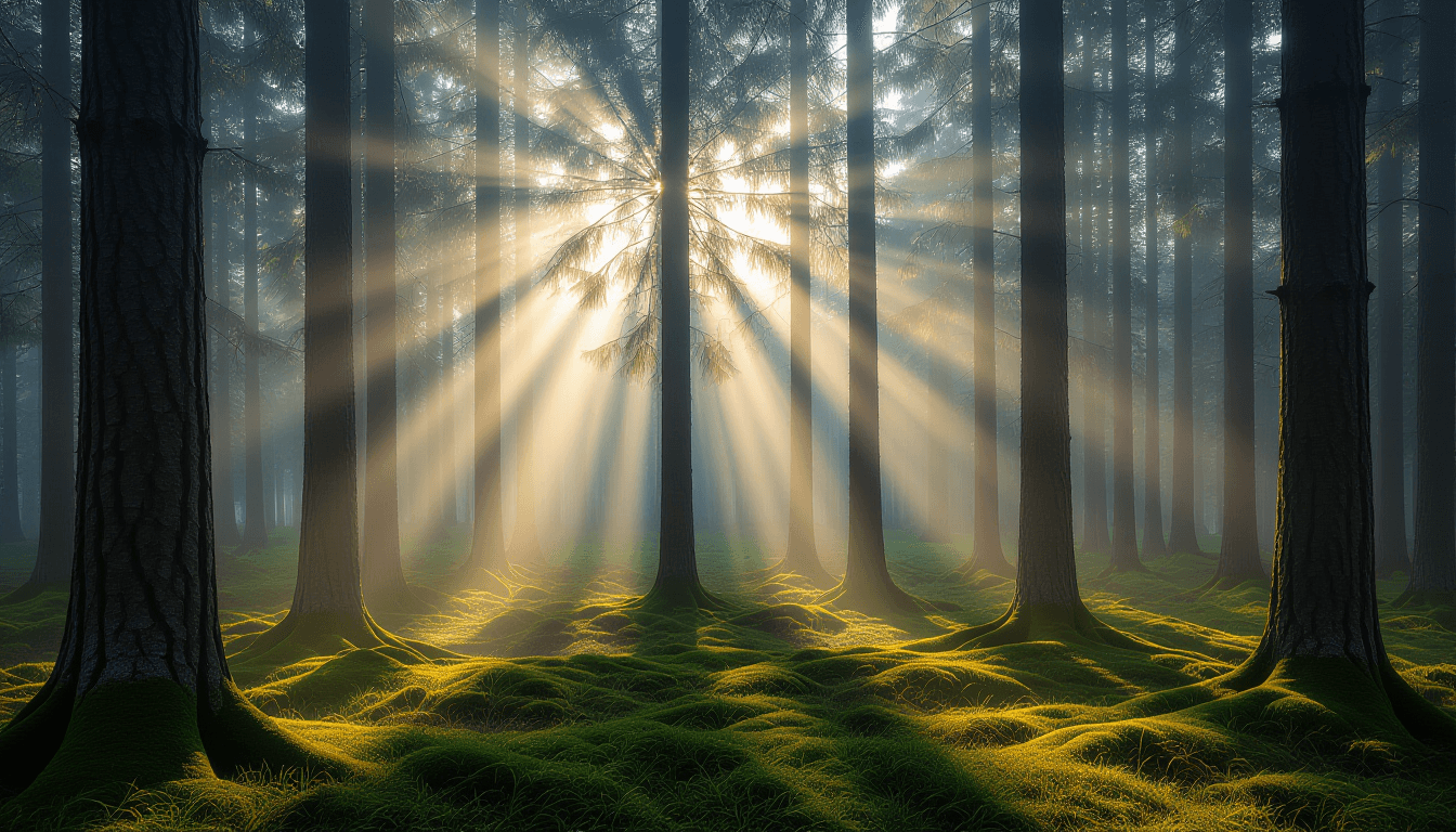 Morning fog clings to a dense pine forest as sharp beams of dawn light pierce through the canopy, il