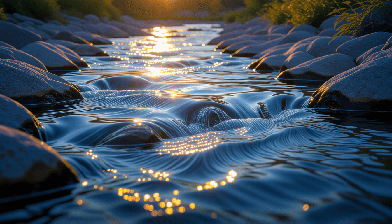Sunlight glints off a meandering river at golden hour, the shallow depth of field blurring the rushi