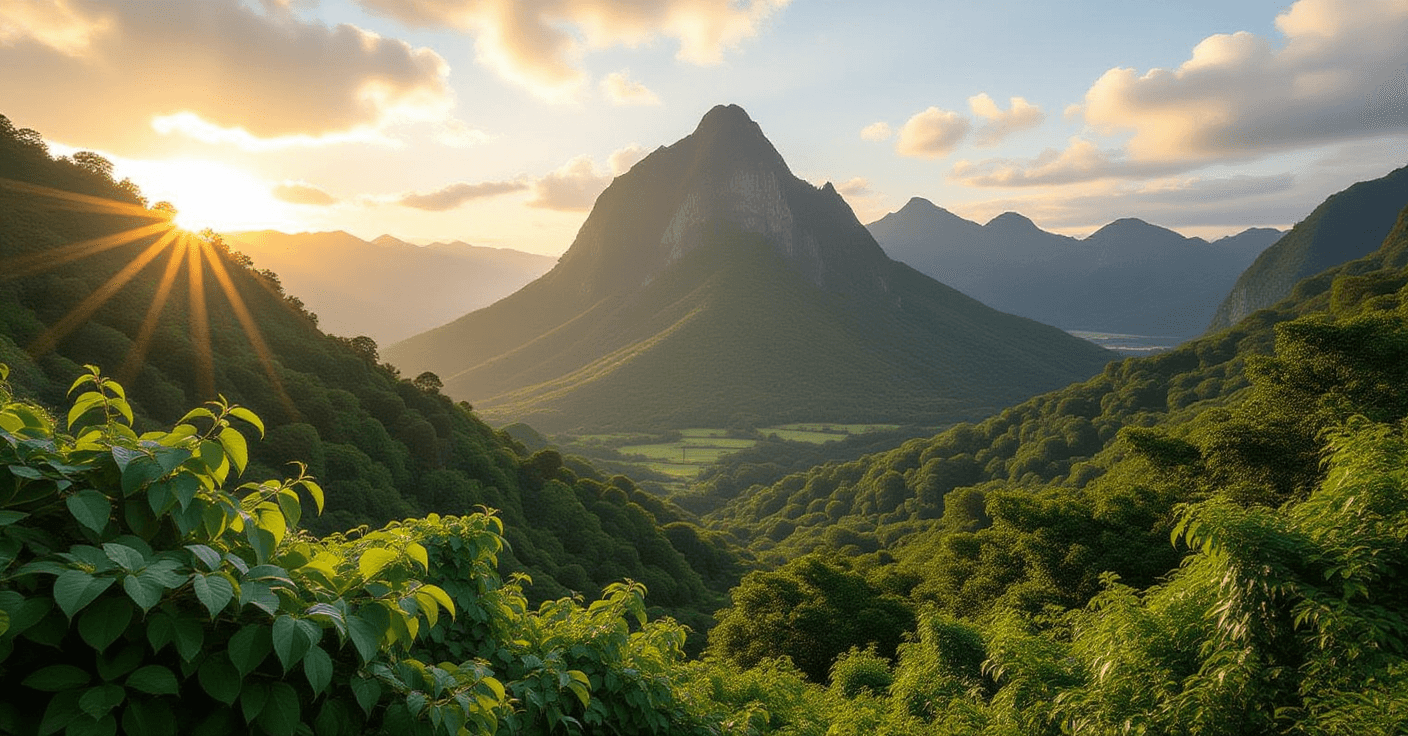 Golden hour light bathes a jagged mountain peak, casting long shadows over a sprawling, chaotic tang
