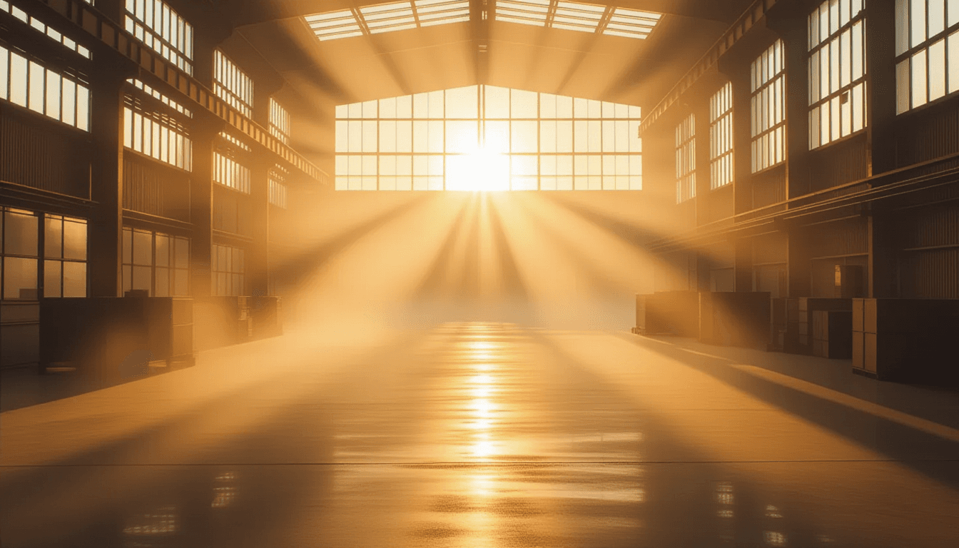 Golden hour sun cuts through morning fog in a minimalist glass factory, highlighting dust motes danc