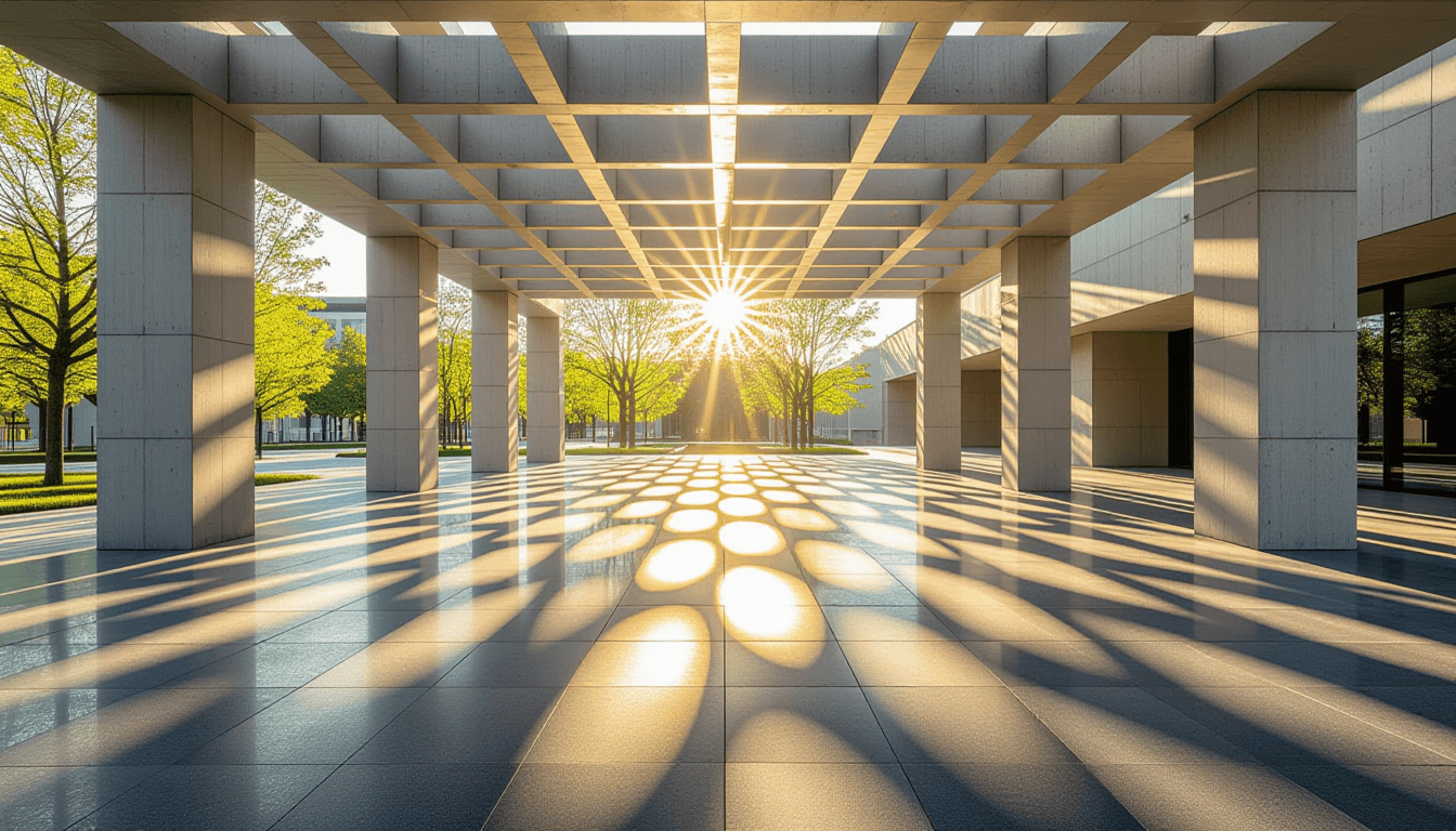 Sunlight streams through the geometric lattice of a modern concrete pavilion, casting sharp, overlap