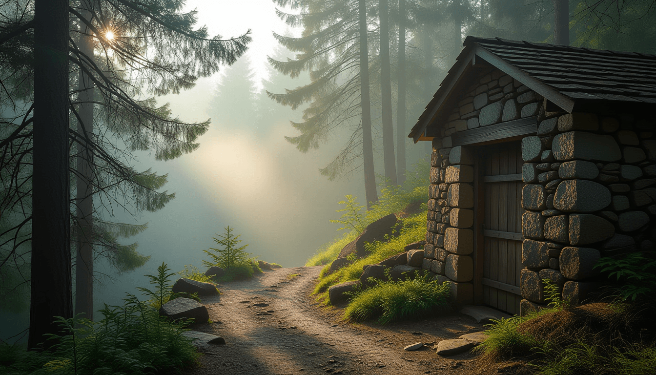 Misty dawn light filters through a dense pine forest, illuminating a narrow, winding dirt trail lead