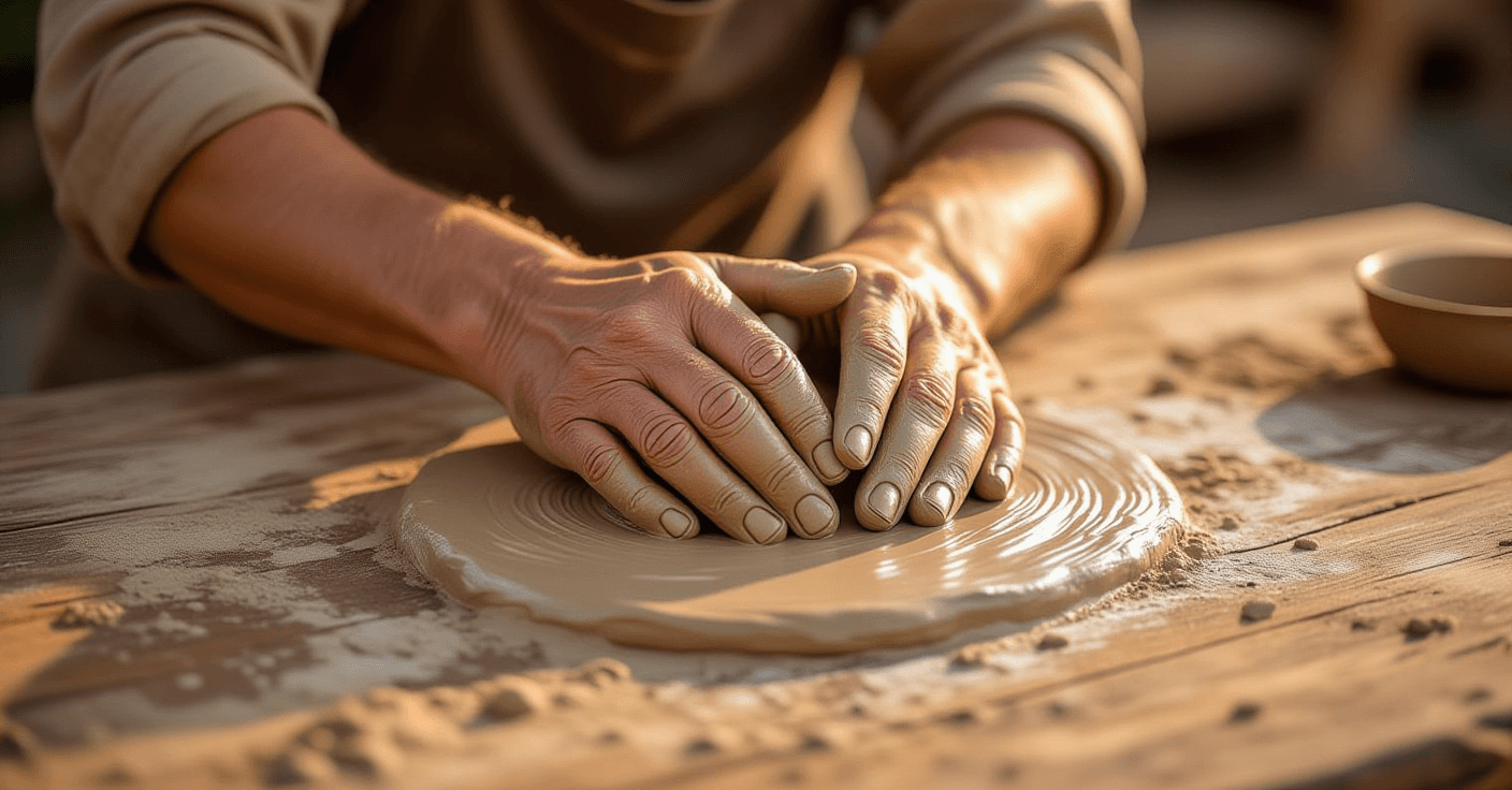 Golden hour light catches weathered hands kneading wet clay on a rustic wooden table, shallow depth