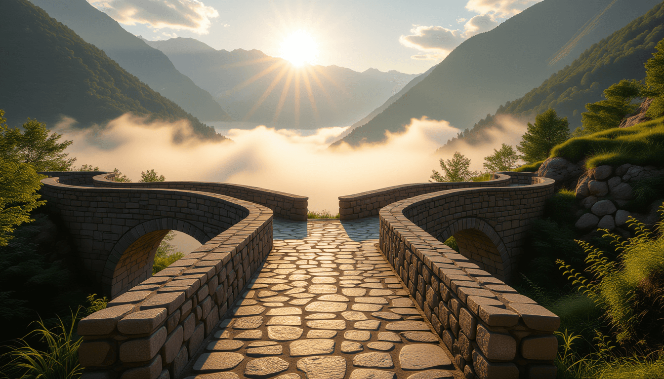 A weathered stone bridge arches over a deep, misty gorge, leading toward a sun-drenched mountain pas
