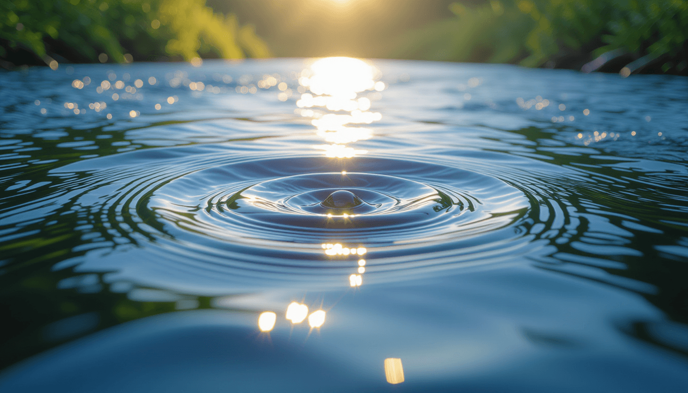 Sunlight catches a river's surface as ripples converge into a smooth, predictable current, shot with
