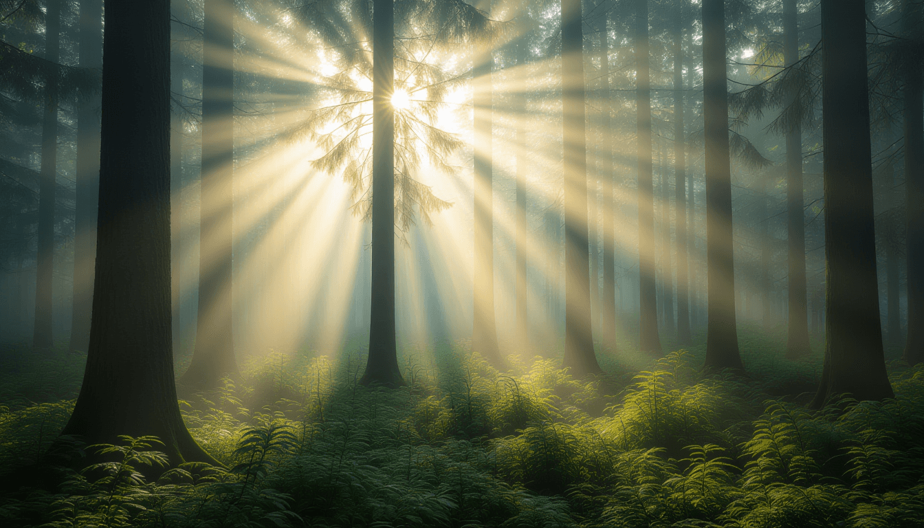Sunlight pierces through heavy morning fog in a dense forest, illuminating dust motes dancing in dis
