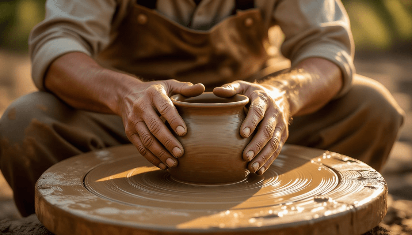 Golden hour light glows through dust motes as weathered hands press firm into cool, wet river clay