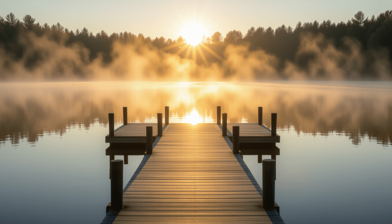 Morning fog lifts off a misty lake as golden sunbeams pierce the haze, illuminating a solitary woode