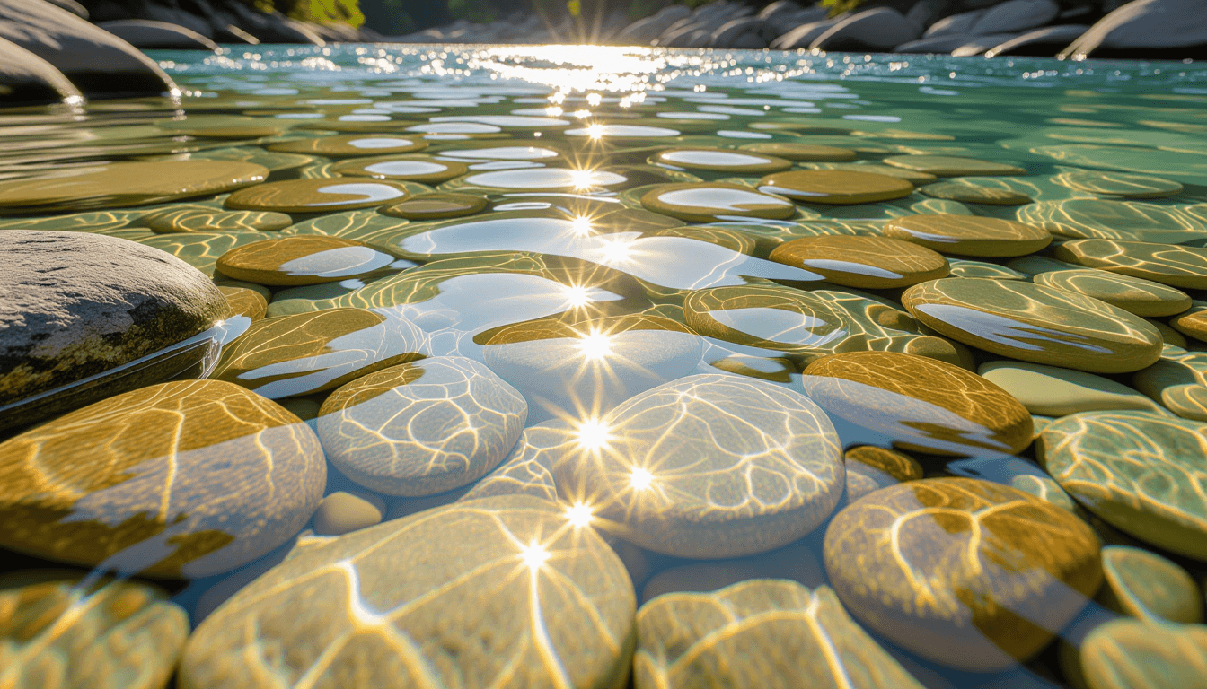 Sunlight ripples through shallow, clear river water flowing over smooth, pale stones, captured from