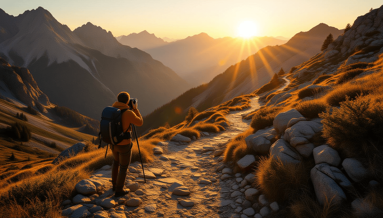 A photographer captures a narrow, winding mountain trail at golden hour, where long shadows stretch