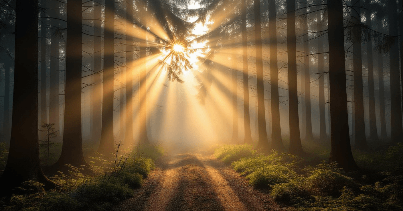 Dawn breaks through heavy forest fog, casting sharp, golden beams that illuminate dust motes dancing