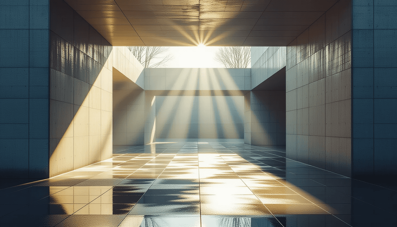 Sunlight pierces through the ribbed concrete of a Brutalist archway, casting sharp geometric shadows