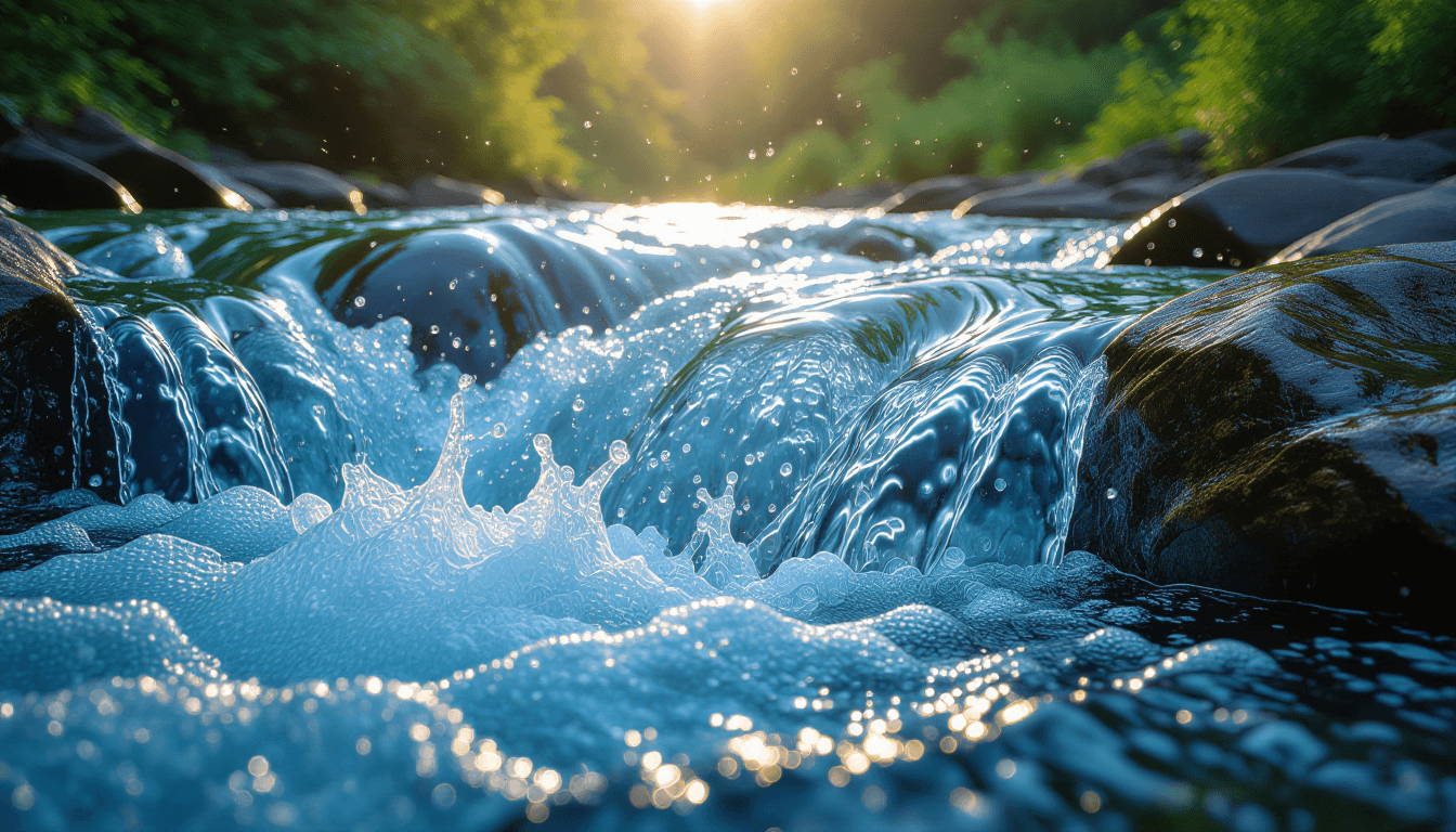 Sunlight fractures through the translucent surface of a rushing river, capturing the chaotic yet flu