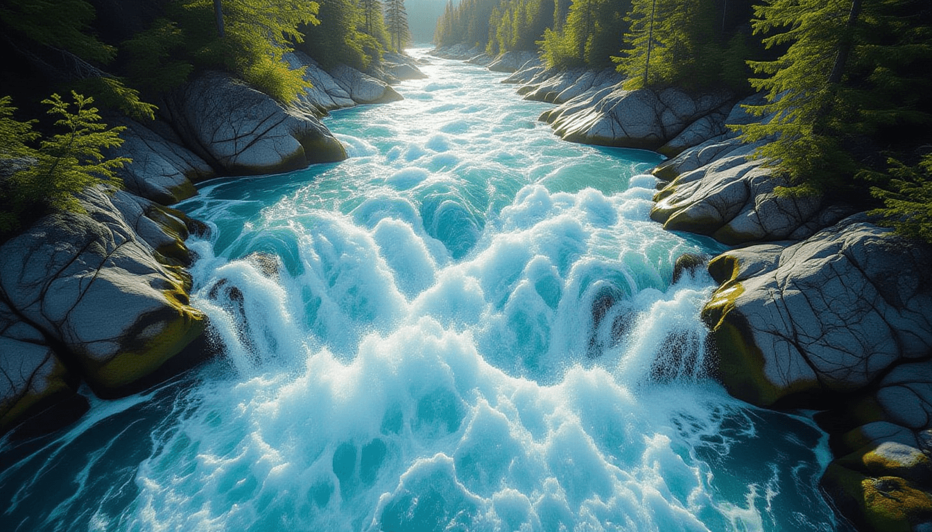 Sunlight fractures across the churning white rapids of a mountain river, captured from above with a