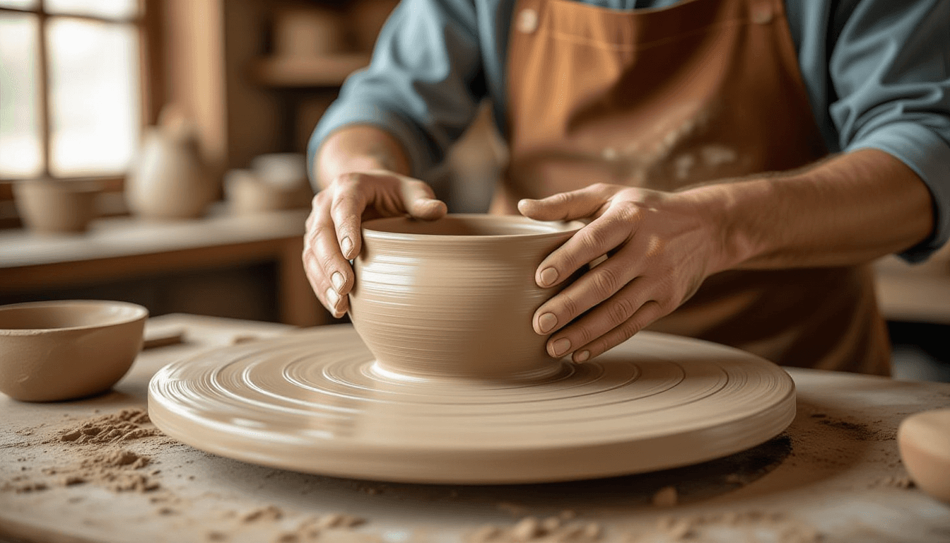 Overcast light softens the texture of wet clay as skilled hands expertly shape a spinning wheel, rev