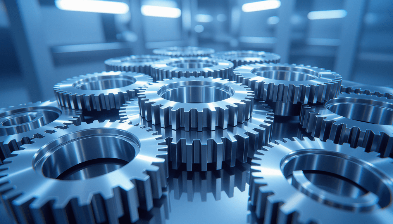 Shallow depth of field captures polished steel gears interlocking under cool industrial lighting, th