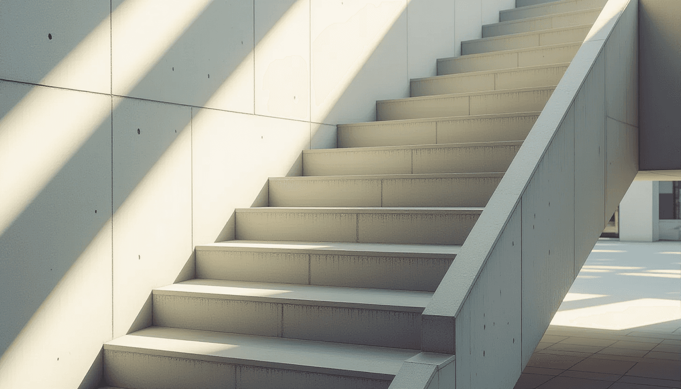 Sunlight slices through the geometric shadows of a concrete spiral staircase, emphasizing the rigid