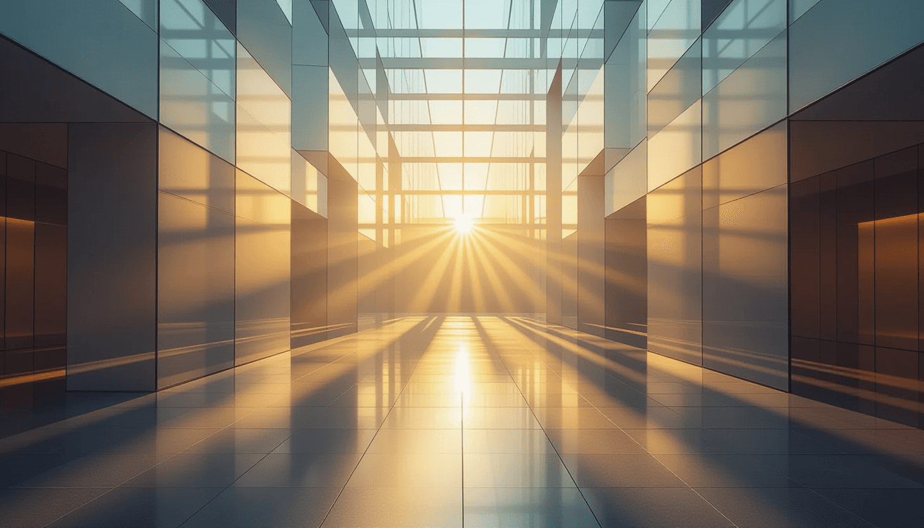 Golden hour light fractures through layered, translucent geometric planes in a minimalist atrium, cr