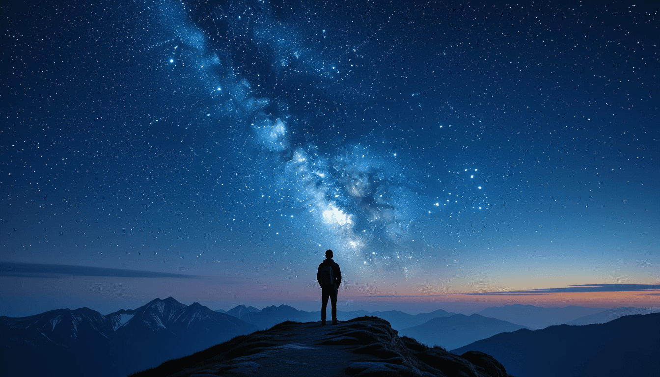 A lone auditor stands on a windswept mountain ridge at dusk, silhouetted against a vast, star-filled