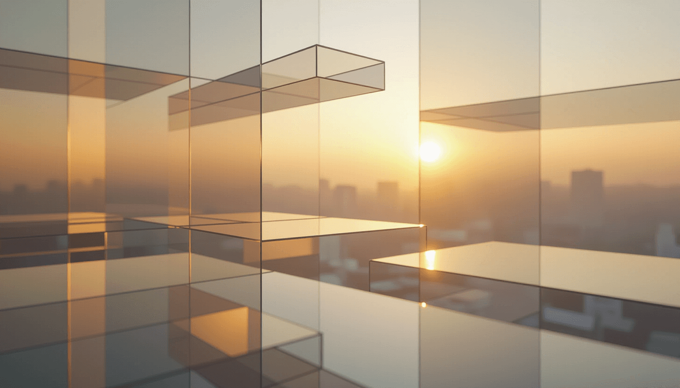 Translucent geometric planes float in soft diffused light, their layered edges catching the warm glo