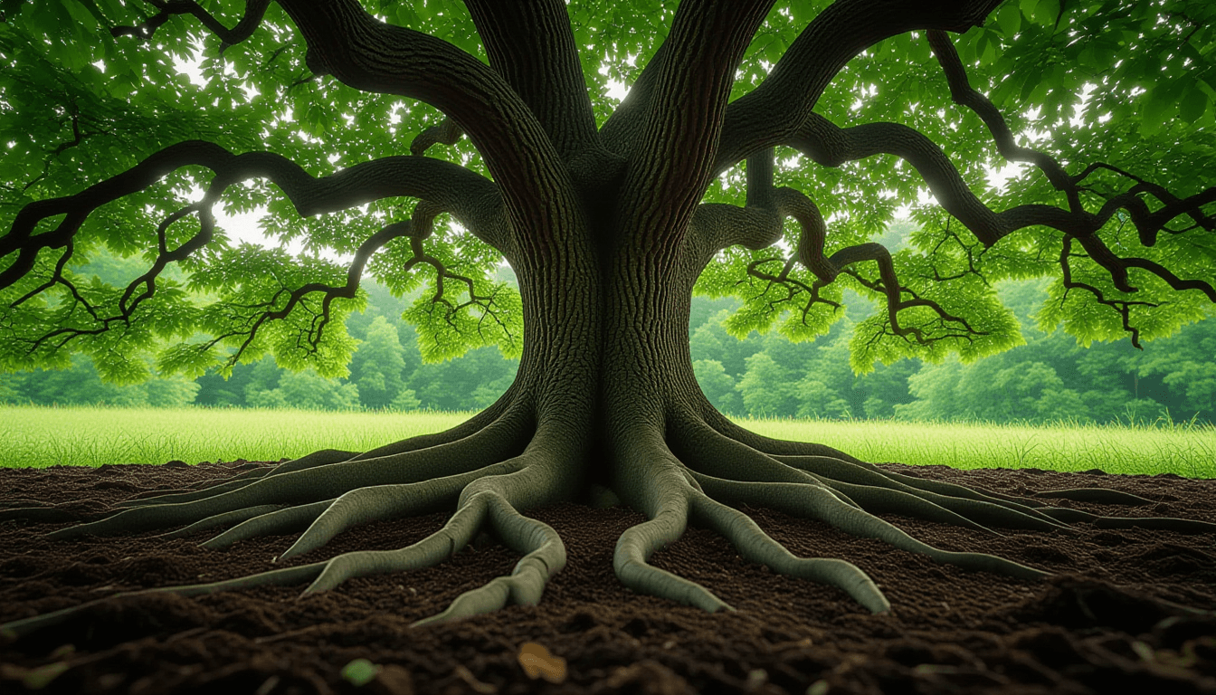A gnarled oak root system anchors into rich, dark soil beneath a dappled canopy, capturing the tensi
