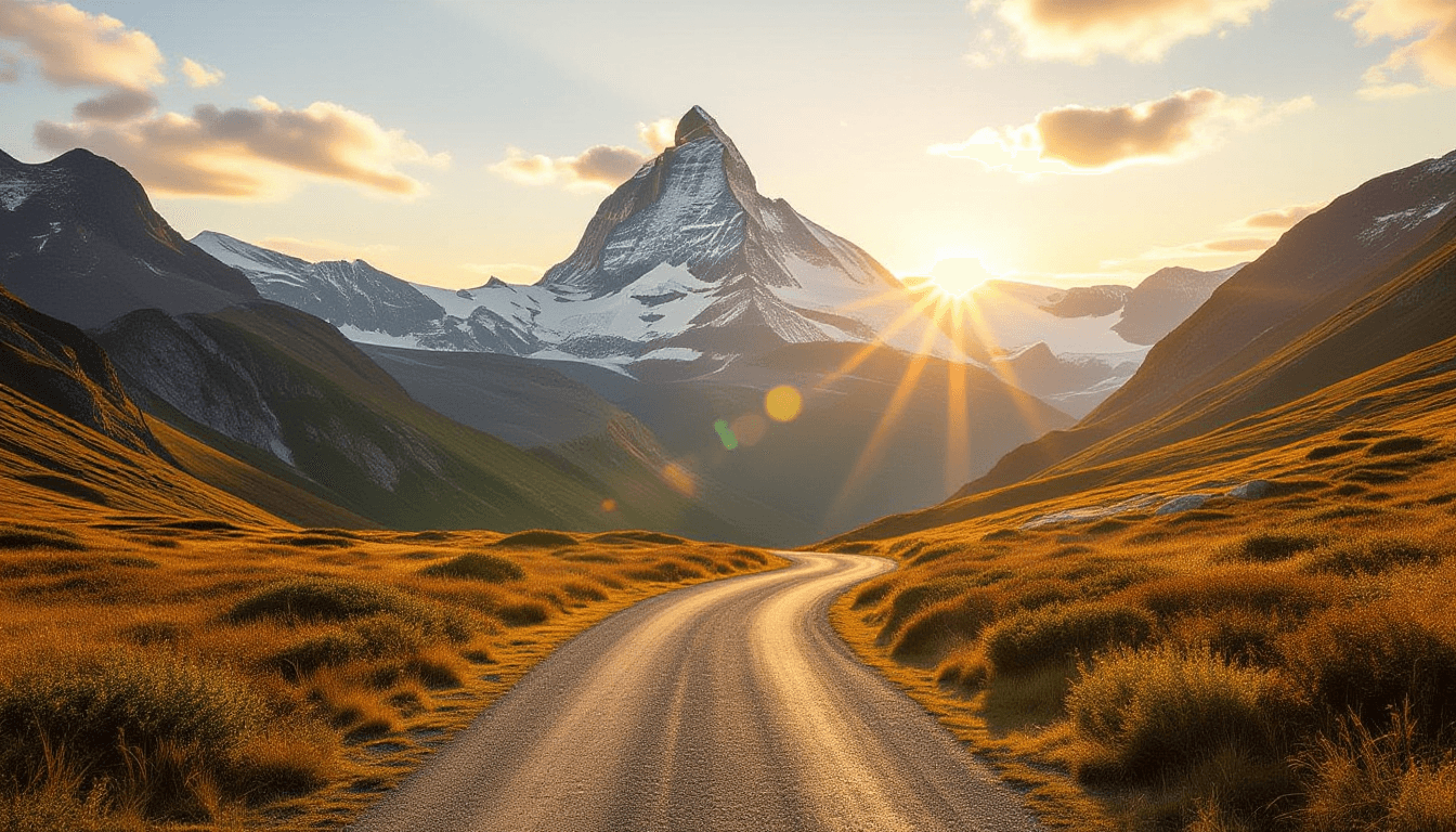 Sunlight spills across a winding valley floor, illuminating a distant mountain peak that climbs stee