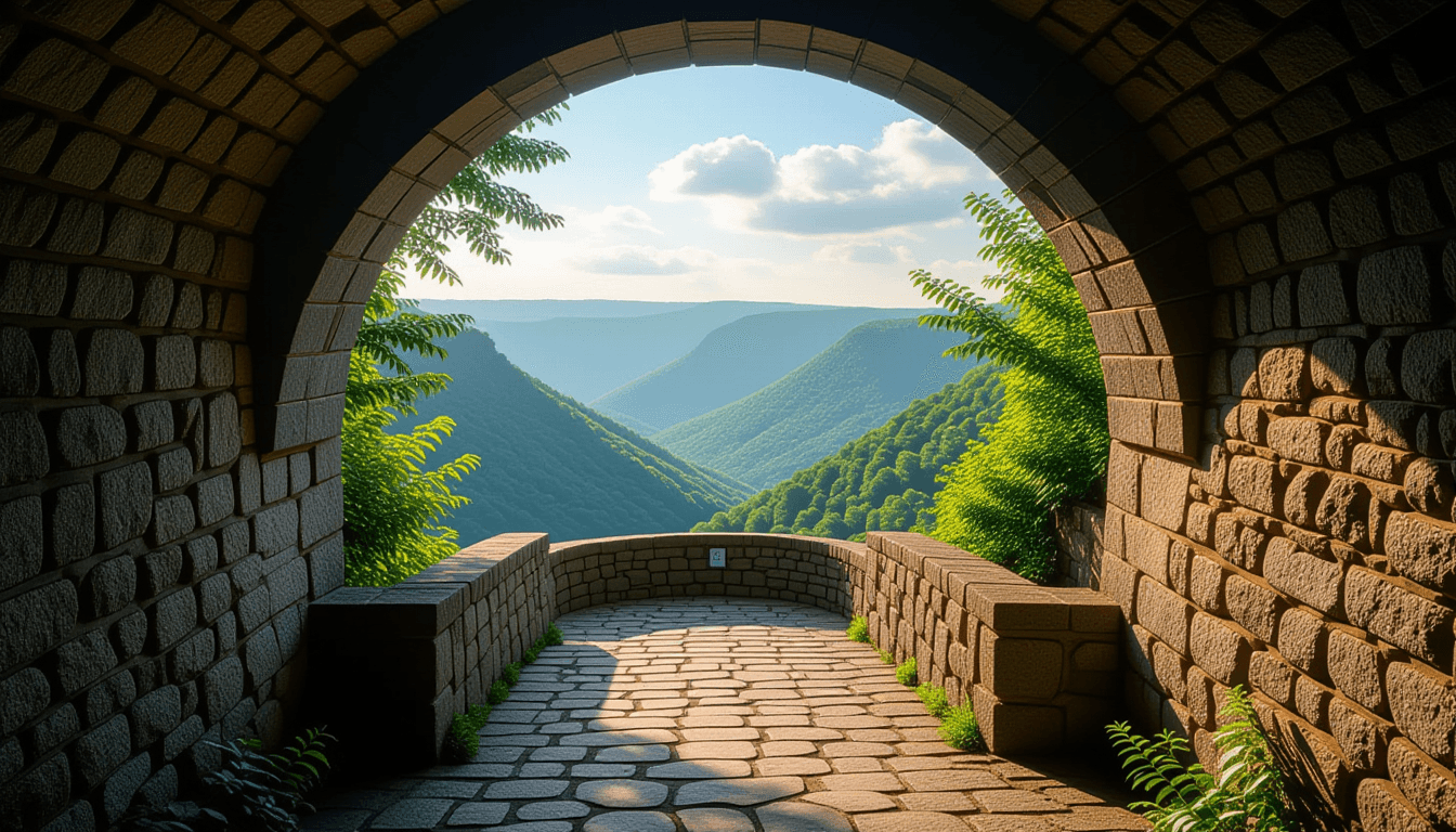 A narrow stone bridge arches over a deep, shadowed gorge, leading toward a sunlit valley in the dist
