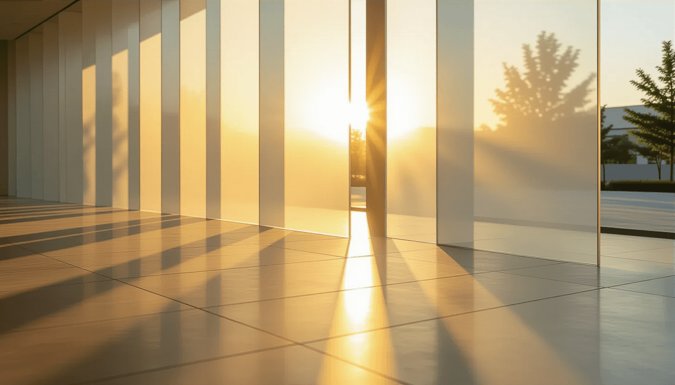 Sunlight filters through layered translucent planes of frosted acrylic, casting sharp geometric shad