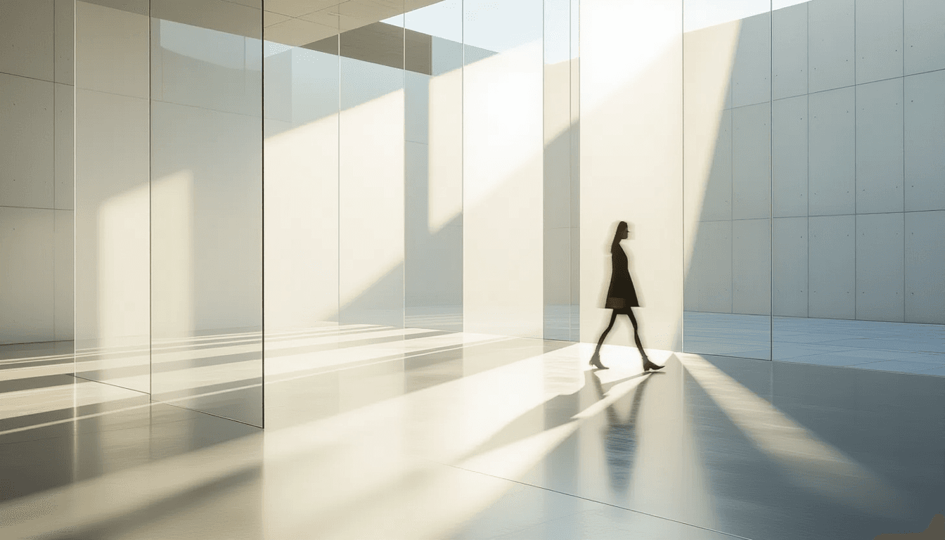 Sunlight pierces through layered translucent acrylic sheets, casting sharp geometric shadows across